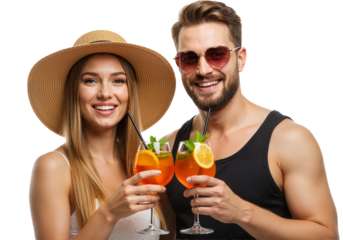 Cheers to Summer: A sun-kissed couple, radiating joy, toasts with vibrant cocktails in a moment of shared celebration under the bright sun, embodying the perfect summer day.