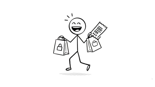 Happy Stick Figure Shopping with Bags and Receipt in Cartoon Animation Loop