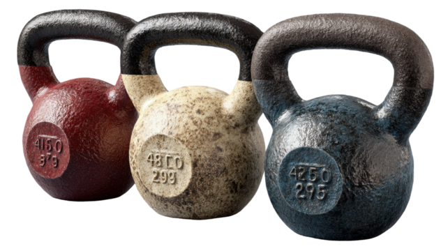 A trio of kettlebells in a studio setting for strength training and fitness