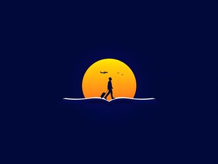 Travel illustration of man with suitcase and airplane with sunset background art