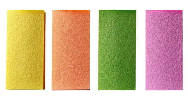 Four colorful textured blocks contrasting vibrant hues against a stark background