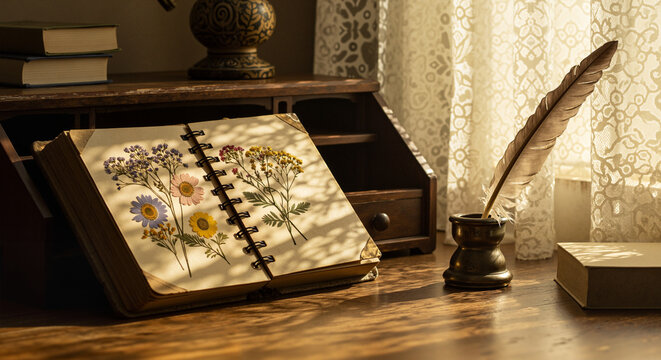 Open scrapbook with pressed flowers and quill pen on wooden desk - Powered by Adobe