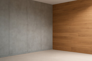 Empty modern interior corner with smooth gray concrete wall and warm natural wooden panel wall, minimalistic contemporary architectural design, clean space, bright natural light, modern living area ba