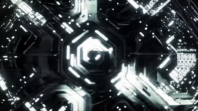 A rotating futuristic sci-fi object with glowing lights on a black background, an abstract technology concept
