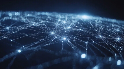 Obraz premium Abstract representation of interconnected data points forming a network across a dark background.