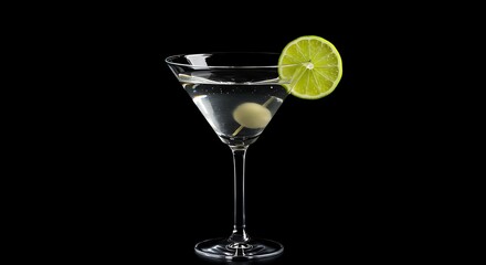 An elegant martini glass with a lemon slice and ice on a minimalist black background