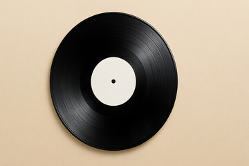 Obraz premium Black vinyl record with blank white label on beige background, retro vintage music analog audio disc for DJ turntable, nostalgic classic phonograph album isolated flat lay, old LP sound recording medi