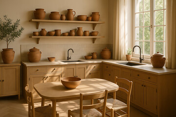 Rustic wooden kitchen interior with ceramic pots, natural light through window, traditional countryside decor, handcrafted clay cookware, cozy farmhouse style design with warm earthy tones and natural