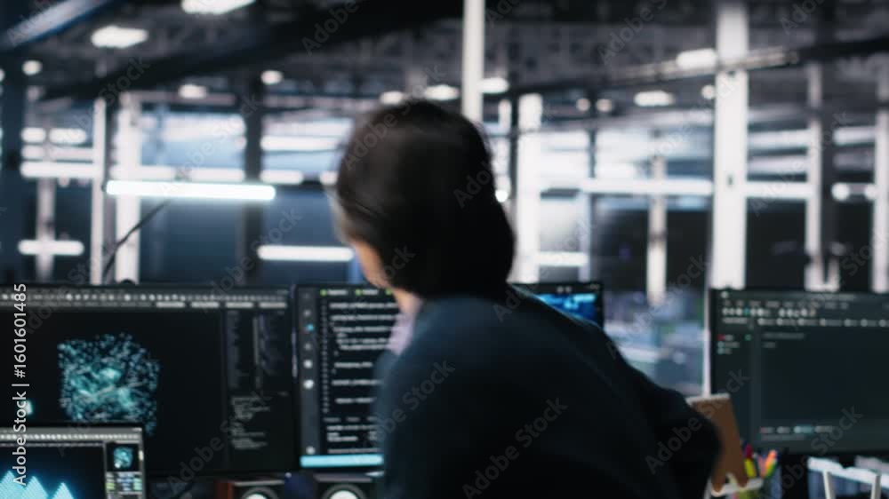 Fototapete software developer entering server room office, using ai to review infrastructure diagnostics. syste
