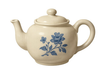 Elegant ceramic teapot with blue floral motif, sitting against transparent backdrop, highlighting traditional tea service design