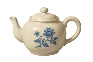 Elegant ceramic teapot with blue floral motif, sitting against transparent backdrop, highlighting traditional tea service design