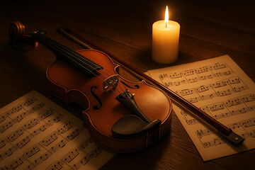 Fototapeta premium Violin and bow placed on classical sheet music with warm candlelight glow, romantic orchestral composition in vintage atmosphere, musical inspiration concept, elegant acoustic string instrument still 