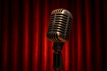 Vintage microphone on stage with red curtain background, dramatic spotlight performance scene, classic retro audio equipment in moody theater lighting for music concert, podcast, stand up or vocal eve