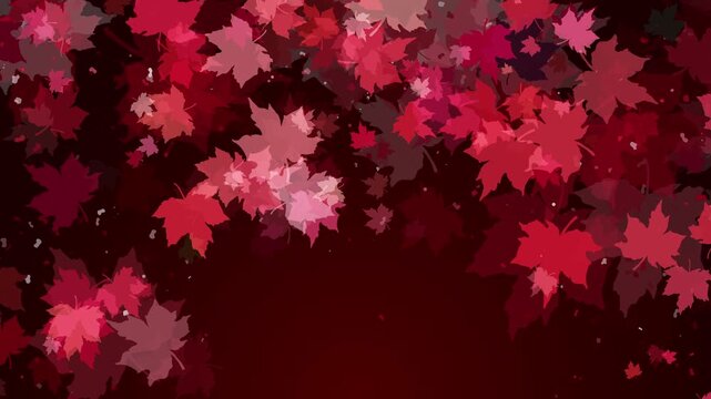 Animated autumn frame with falling red maple leaves on dark background with empty space for text. Abstract looped motion graphics.