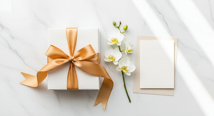 Elegant Flat Lay Gift Box with Satin Ribbon, Orchid Flower and Card