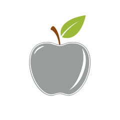 Fototapeta premium Stylized Gray Apple Illustration with Green Leaf and Brown Stem on White
