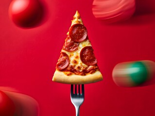 Stock photo of delicious pepperoni pizza slice on fork against red background studio shot