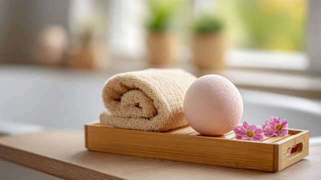 Natural bath rituals with bamboo tray and bath bomb for relaxation and self-care