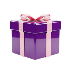 A vibrant purple gift box adorned with a delicate pink ribbon and bow presented isolated on transparent background