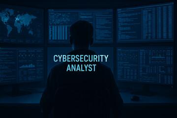Cybersecurity analyst working at night, sitting in front of multiple computer monitors with data dashboards, maps, digital security alerts, hacking prevention interface, blue tone security operation c