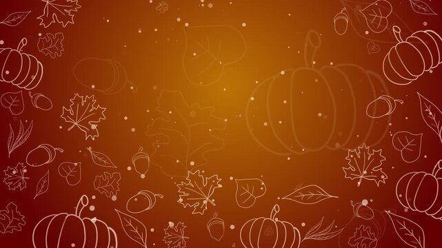Autumn frame with copy space. Animated floating icons drawn from thin lines of leaves, acorns, pumpkins. Looped motion graphics.