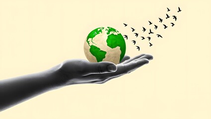 Save earth day concept globe in hand and birds flying for environmental protection