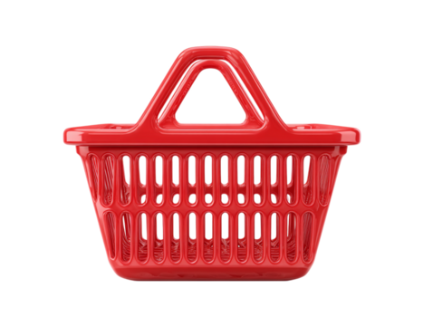 Realistic shopping cart icon in 3D plastic style, empty basket for ecommerce, isolated on transparent background 