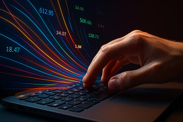 Hand typing on laptop keyboard with colorful stock market data lines and glowing numbers, financial analytics concept, digital trading platform interface, fintech investment, coding and analysis workf