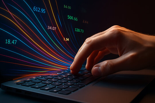 Hand typing on laptop keyboard with colorful stock market data lines and glowing numbers, financial analytics concept, digital trading platform interface, fintech investment, coding and analysis workf - Powered by Adobe