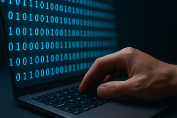 Hand typing on laptop keyboard with glowing binary code on screen, digital programming and cybersecurity concept, hacker coding interface, encryption technology, futuristic software development worksp