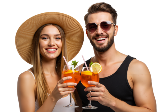 Summer Toasting: A cheerful couple in stylish summer attire joyfully clinking glasses filled with refreshing cocktails, embodying the essence of warm weather leisure and shared happiness.