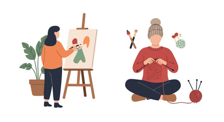 Fototapeta premium Creative Pursuits: Painting and Knitting Illustrations