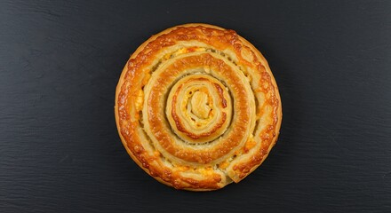 Top-down view of spiral cheese pastry on matte slate surface