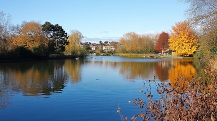 Obraz premium Autumnal park lake reflecting colorful trees