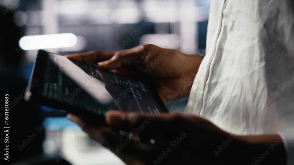 Poster close up of data center programmer using tablet, writing code for resource optimization, performing 