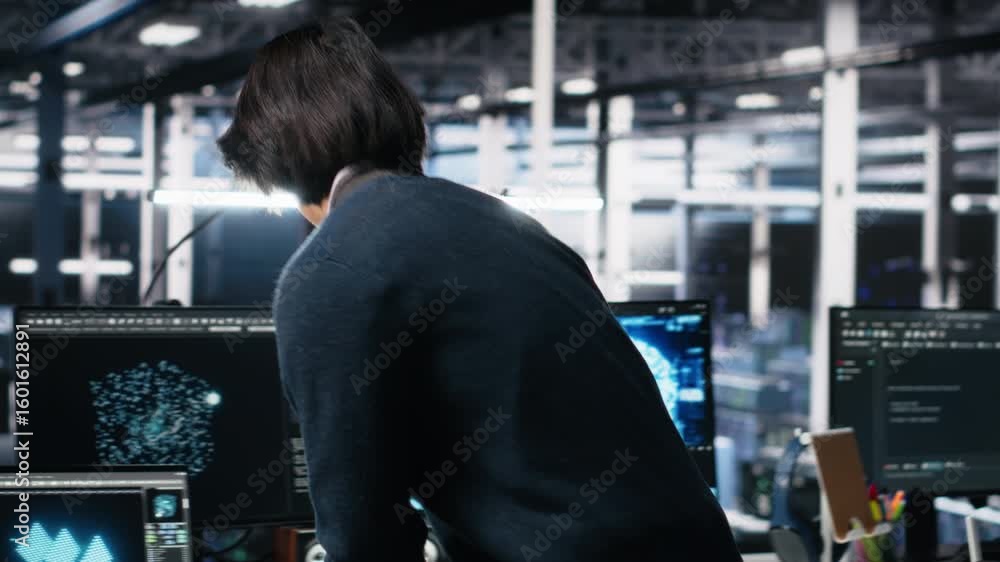Poster admin entering data center office, reviews ai diagnostics on computer. it expert starting work at se