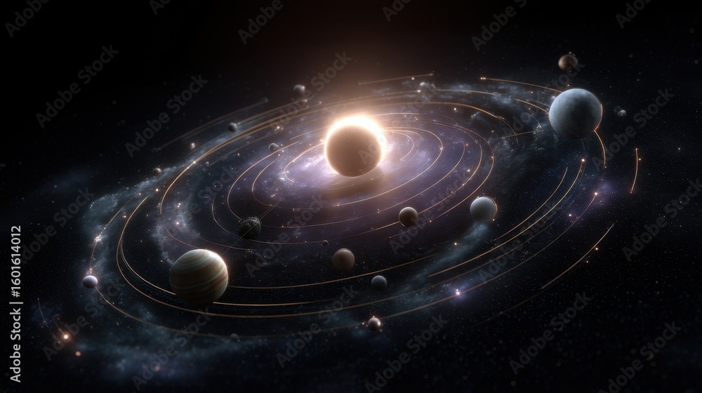 Poster solar system display concept on smart tv with central orb highlight