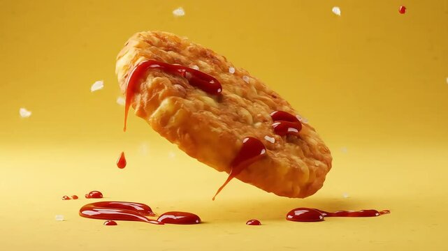 Crispy hash brown with ketchup and salt on a yellow background appearing as if floating