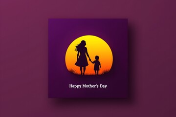 Happy mother's day greeting card with mother and child silhouette illustration art