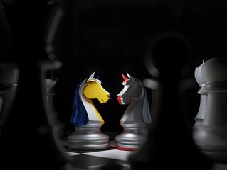 Chess strategy game concept with knight pieces facing each other strategic thinking