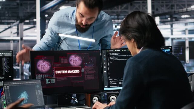 Server hub engineers alarmed by cyberattack accessing confidential data, working to secure systems. Teamworking data center colleagues fighting malware intrusion during security breach, camera A