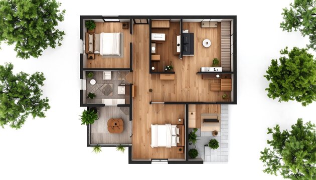 Top-down view of a modern house floor plan