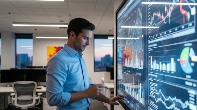 Man using interactive financial touchscreen wall