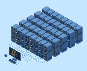Isometric monitoring big data storage. Data transmission technology. Online hosting technology concept. Isometric technology