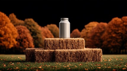 Milk bottle on hay bales with a blurred autumnal background. The scene evokes a feeling of organic naturalism.