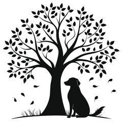 Obraz premium a lonely dog sitting under a large tree, gazing into the distance or up at the sky. Pure black vector illustration capturing a quiet, reflective mood. The tree can have sparse leaves or branches reac