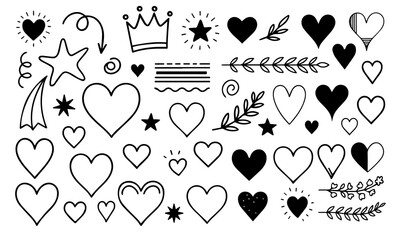 Set black hearts and other doodle elements, hearts styles from various shapes with white backgrounds. Heart for Valentine's Day. Vector illustration.