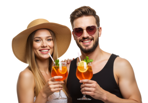 Cheers to Summer: A radiant couple, donning summer accessories, raises vibrant cocktails, epitomizing the joy of vacation and shared moments.