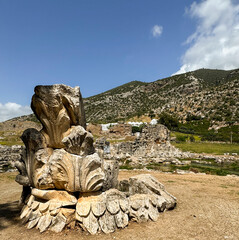 Ancient ruins showcase intricate stone carvings in a scenic landscape of hills and blue sky