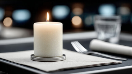Elegant tabletop christmas setup featuring a digital candle for cozy holiday ambiance